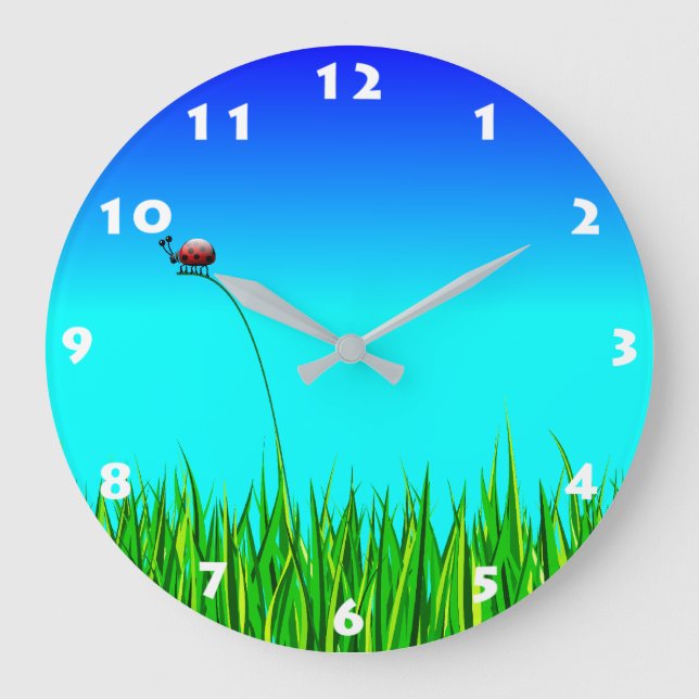 CUTE LADYBUG IN GRASS WITH WHITE NUMBERS FOR KIDS  LARGE CLOCK