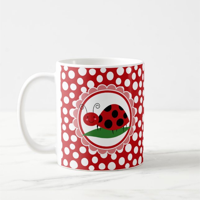 Cute Ladybug On A Leaf - Girls Red Black Coffee Mug (Left)