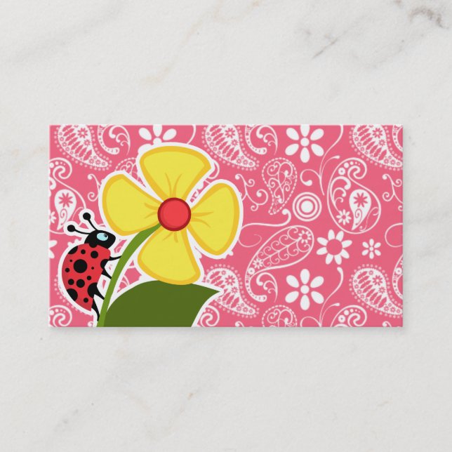 Cute Ladybug on Brink Pink Paisley; Floral Business Card (Front)