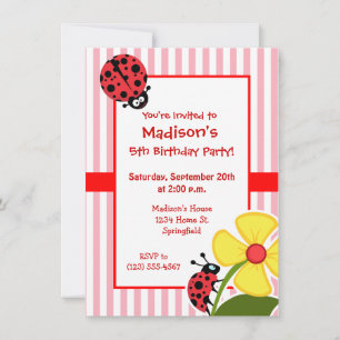 Cute Ladybug on Bubble Gum Pink Stripes Invitation