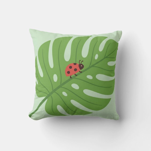 Cute Ladybug on Monstera Leaf Throw Pillow — Botan (Front)