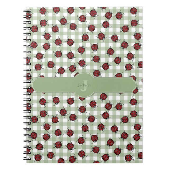 Cute Ladybug Pattern Green Gingham Monogram Name Notebook (Front)