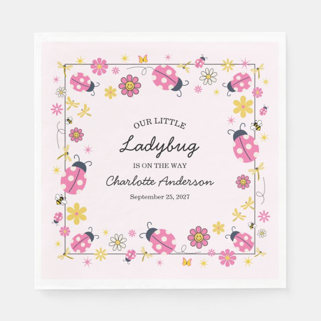 Cute Ladybug Pink Girl Baby Shower Napkin (Front)