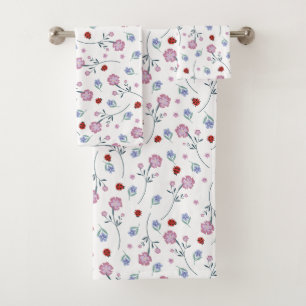 Cute Ladybug Polka dot Daisy Flower Rustic Pattern Bath Towel Set