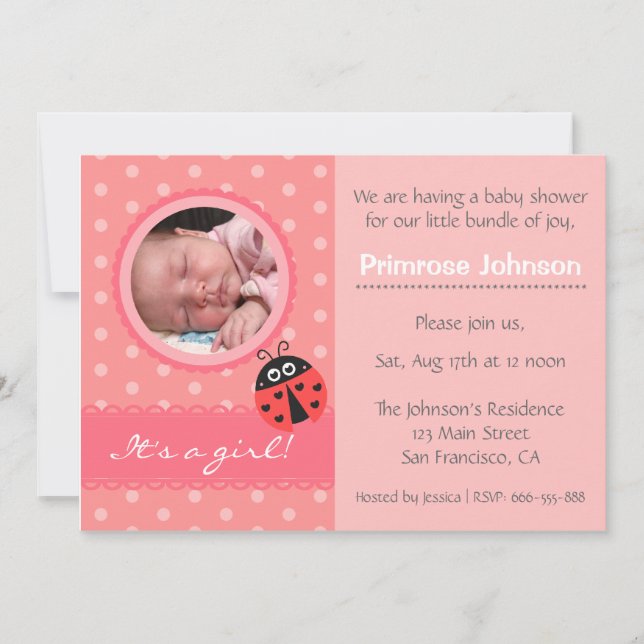 Cute Ladybug Polka Dots Baby Girl Shower Photo Invitation (Front)