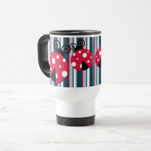Cute Ladybug Red White Blue Stripes Pattern Travel Mug