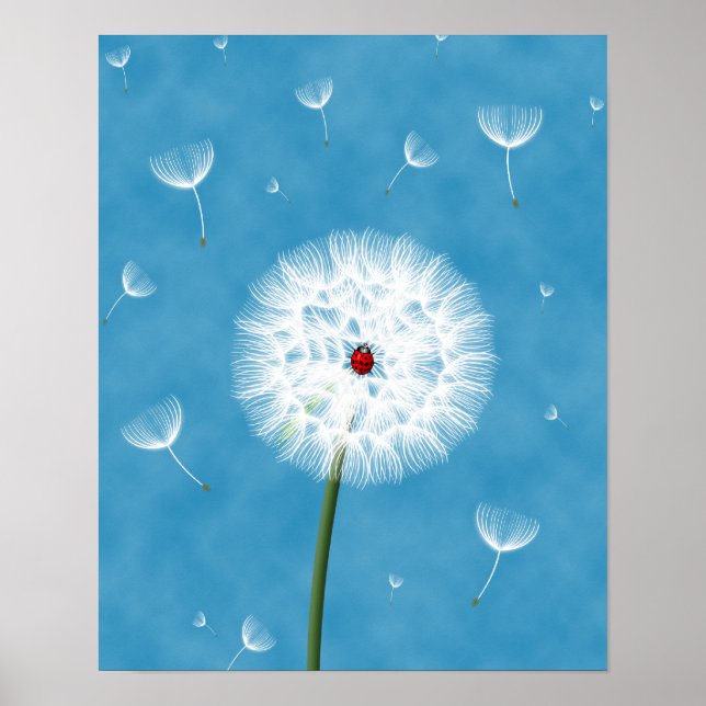 Cute ladybug sitting on top of a dandelion poster (Front)