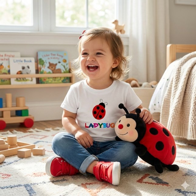 Cute Ladybug Summer Fun Toddler T-Shirt (Happy toddler girl wearing cute ladybug t-shirt.)