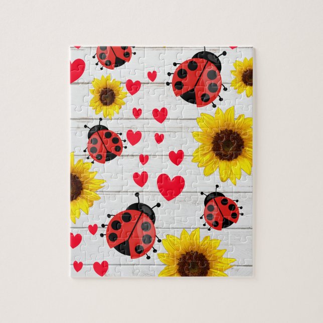 Cute Ladybug Sunflower and Hearts Gift Jigsaw Puzzle (Vertical)