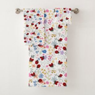 Cute Ladybug Wildflowers Whimsical Floral Monogram Bath Towel Set