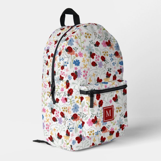 Cute Ladybug Wildflowers Whimsical Floral Monogram Printed Backpack (Back Corner Left)