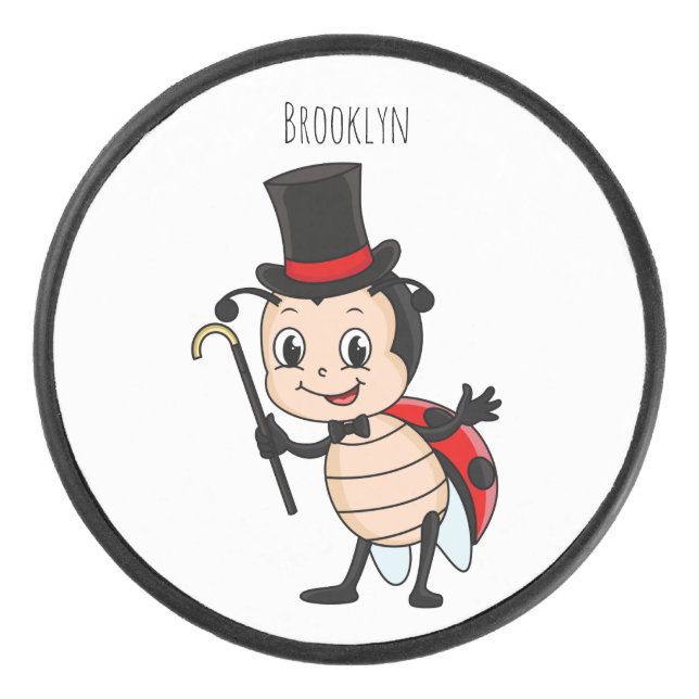 Cute ladybug with top hat and tie cartoon  hockey puck (Front)