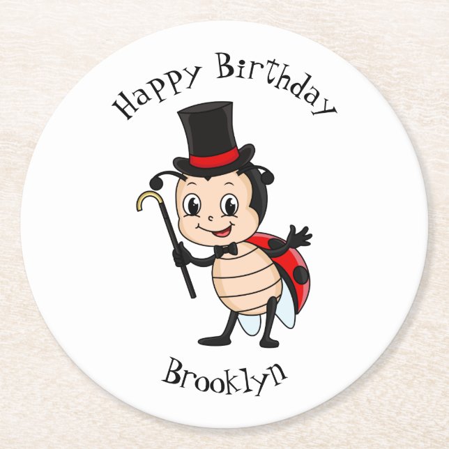 Cute ladybug with top hat and tie cartoon round paper coaster (Front)