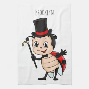 Cute ladybug with top hat and tie cartoon tea towel