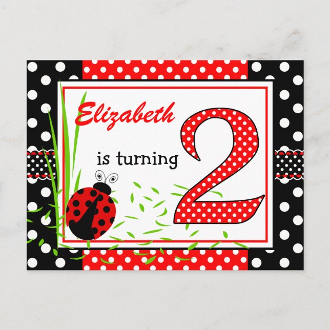 Cute Ladybugs 2nd Birthday Invitation Postcard (Front)