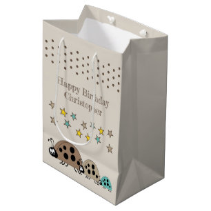Cute ladybugs add name stars brown medium gift bag