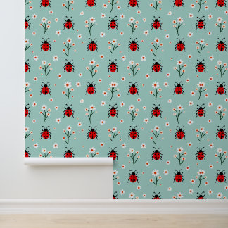 Cute Ladybugs and Daisies Pattern on Mint Green Wallpaper