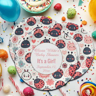 Cute Ladybugs and Flowers Baby Shower Paper Plate