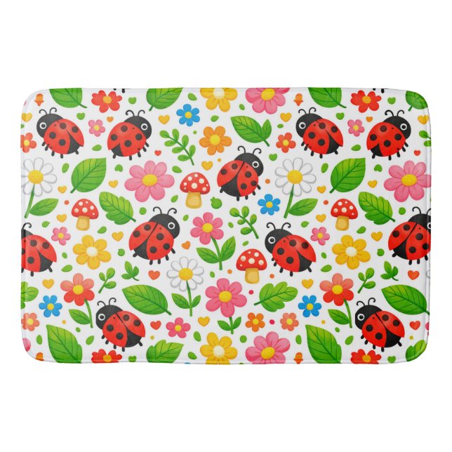 Cute Ladybugs and Flowers for Kids Decor Bath Mat (Front)