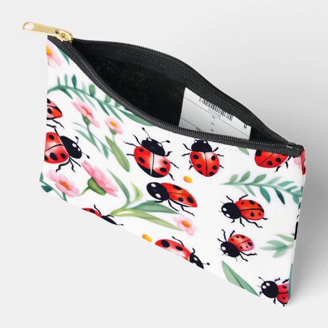 Cute ladybugs and flowers pattern white accessory pouch (Open)