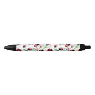Cute ladybugs and flowers pattern white black ink pen