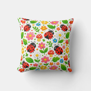 Cute Ladybugs Floral Kids with Flowers and Leaves Cushion