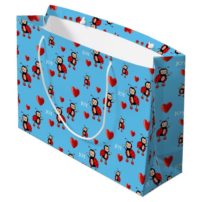 Cute Ladybugs, Hearts and Joy Text on Light Blue Large Gift Bag (Back Angled)