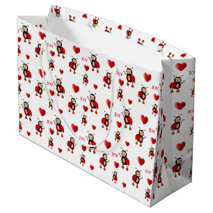 Cute Ladybugs, Hearts and Joy Text on White Large Gift Bag