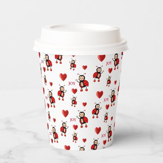 Cute Ladybugs, Hearts & Joy Text on White Paper Cups (Front)