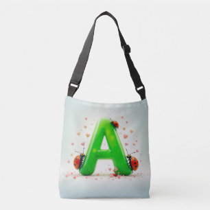 Cute Ladybugs on Green Alphabet Letter A Crossbody Bag