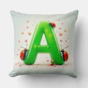 Cute Ladybugs on Green Alphabet Letter A Cushion