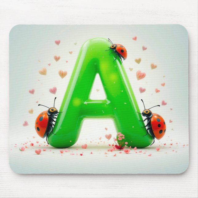 Cute Ladybugs on Green Alphabet Letter A Mouse Pad (Front)