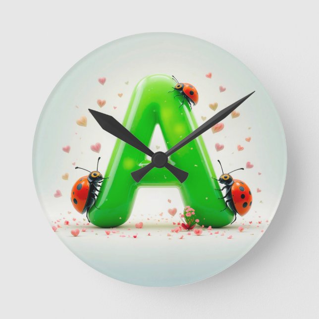 Cute Ladybugs on Green Alphabet Letter A Round Clock (Front)