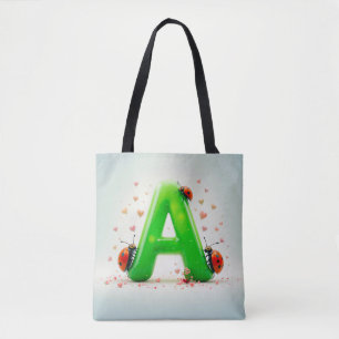 Cute Ladybugs on Green Alphabet Letter A Tote Bag