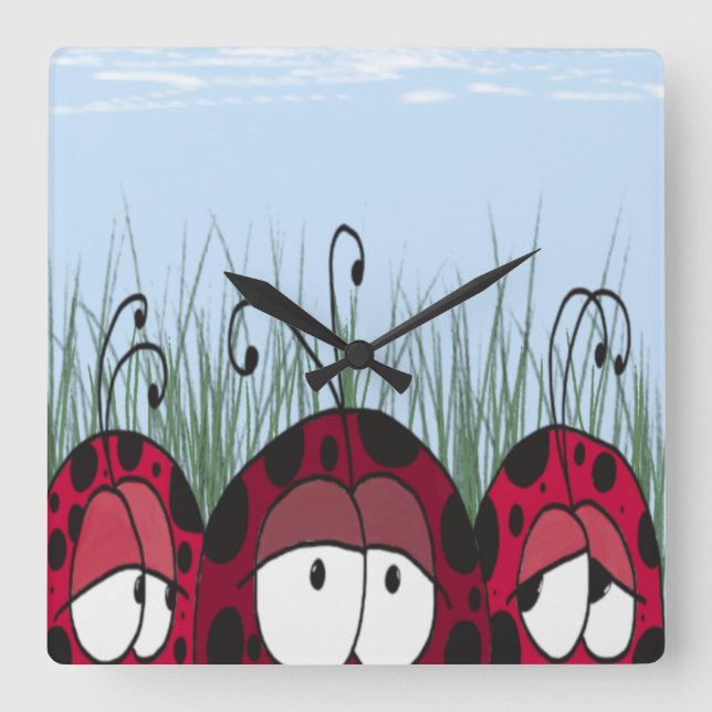 Cute Ladybugs Square Wall Clock (Front)