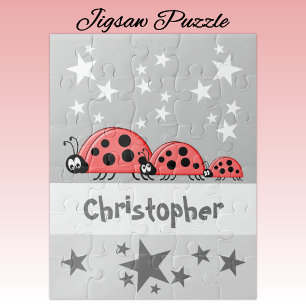 Cute ladybugs stars name grey kids jigsaw puzzle