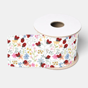 Cute Ladybugs Wildflowers Whimsical Floral Grosgrain Ribbon