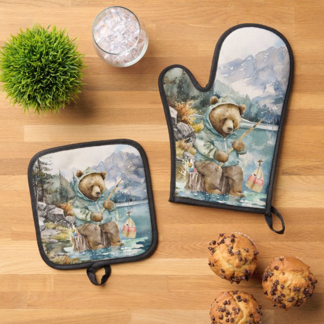 Cute lake house fishing cabin kitchen bear oven mitt & pot holder set (Top Down)