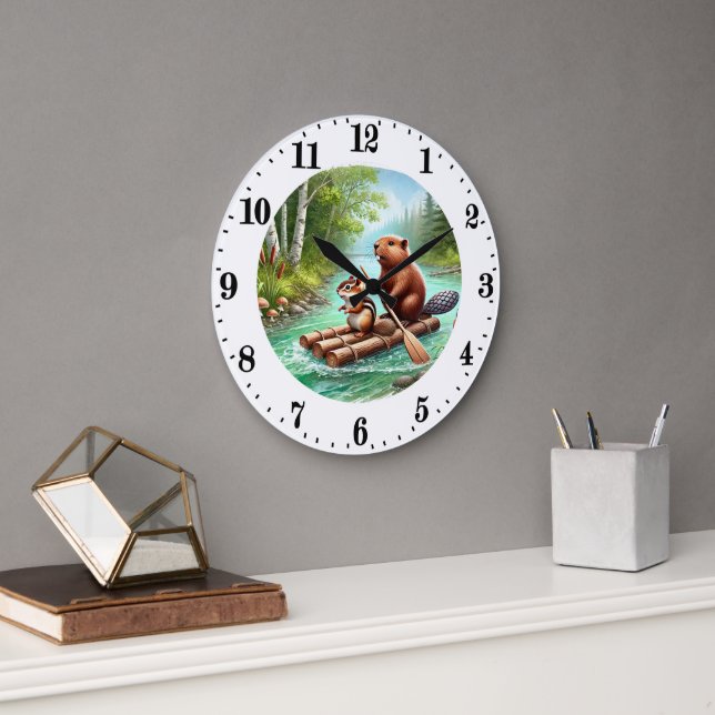 Cute lake house mixed animals beaver chipmunk large clock (Office)
