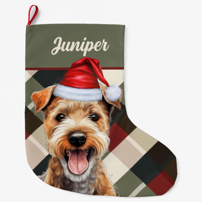 Cute Lakeland Terrier Holiday Plaid Custom Large Christmas Stocking (Front)
