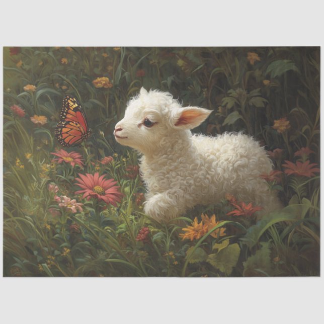 Cute Lamb and Butterfly Art Decoupage Tissue Paper (Front)