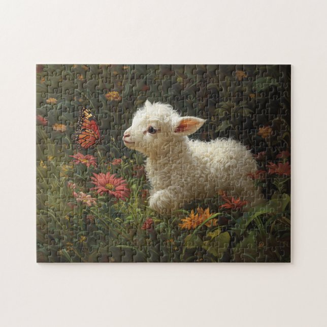Cute Lamb and Butterfly Art Jigsaw Puzzle (Horizontal)