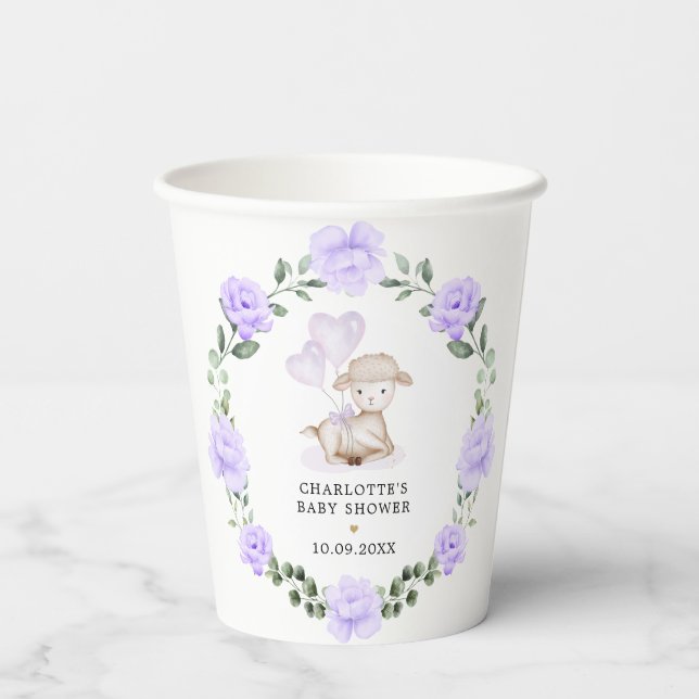 Cute Lamb Baby Sheep Purple Floral Greenery Wreath Paper Cups (Back)