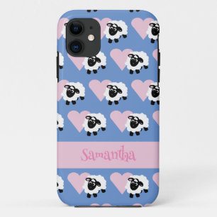 Cute Lamb Cartoon Pink Heart Pattern Blue Case-Mate iPhone Case