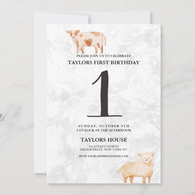Cute Lamb & Cow Barn animals 1st Birthday Party Invitation (Front)
