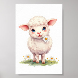 Cute Lamb Eating Daisy Flower Nursery Poster