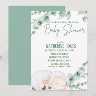 Cute Lamb Greenery Baby Shower Invitation