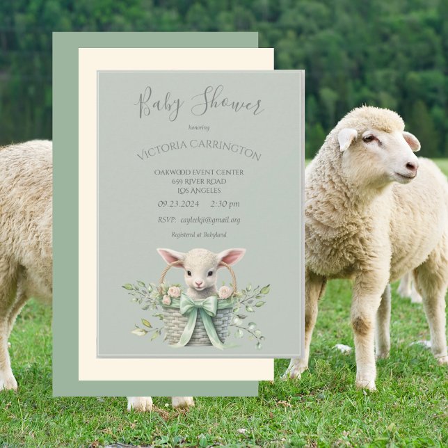 Cute Lamb in Basket with Flowers Baby Shower Invitation (Creator Uploaded)