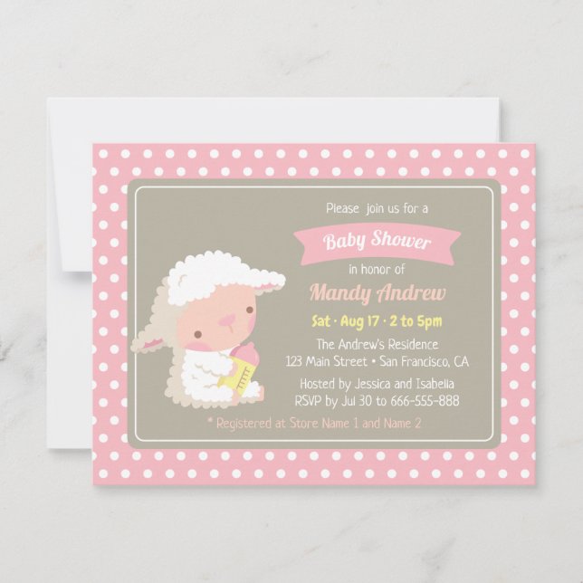 Cute Lamb Milk Bottle Pink Baby Shower Invitation (Front)