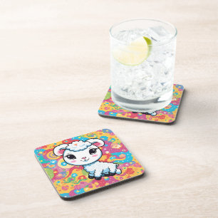 Cute lamb on a colourful background coaster
